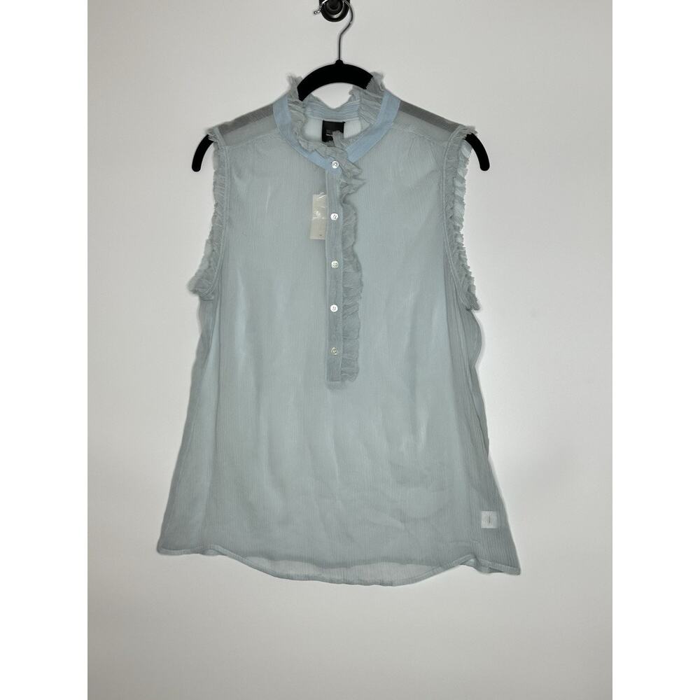 NWT Black Saks Fifth Avenue Womens Silk Shirt Top 6 Sheer Ruffle Luxury Blue